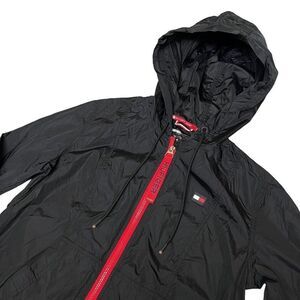 Tommy Hilfiger Sport Women's M Jacket Hooded Windbreaker Full Zip Black Red Flag
